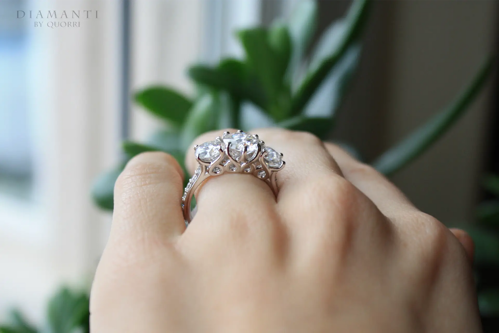 designer affordable three stone 3ct white gold lab made diamond engagement ring Quorri