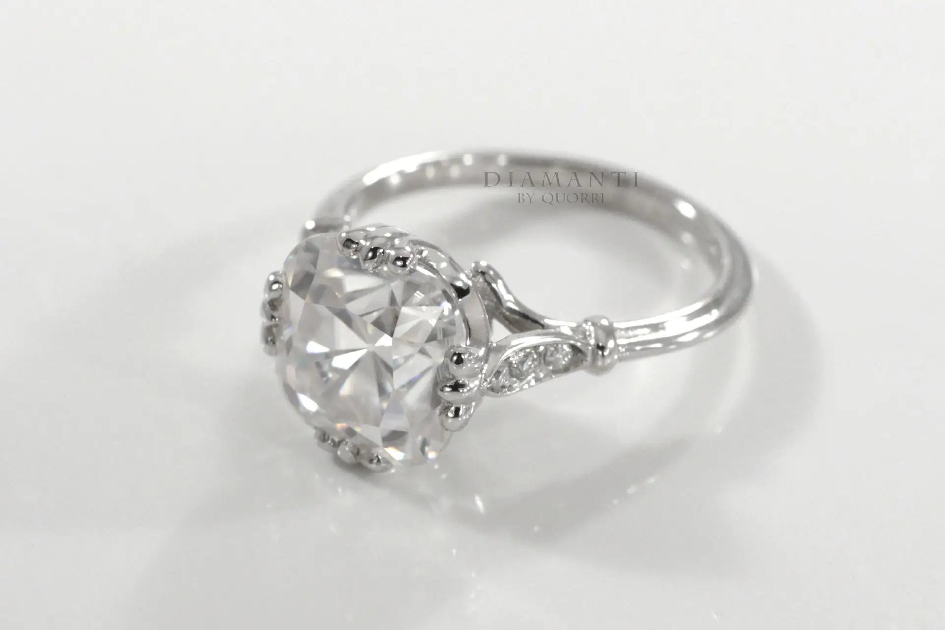 14k white 3 carat vintage claw prong cushion lab diamond engagement ring Quorri Canada