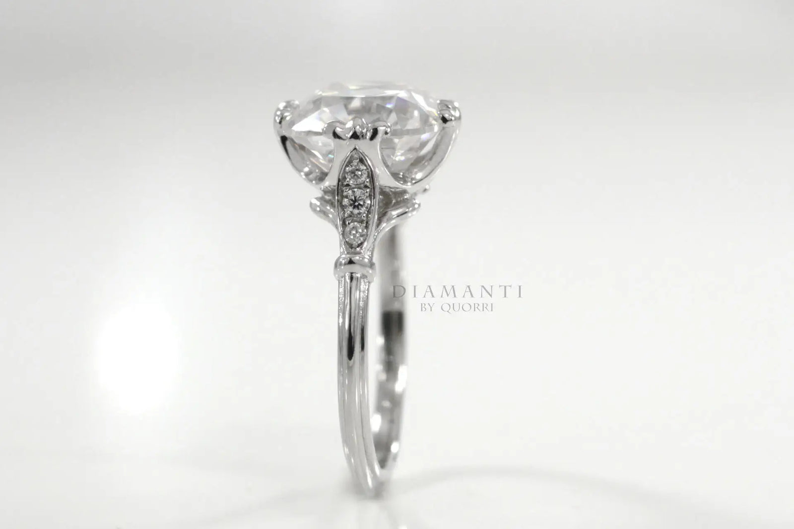 3 carat white gold vintage claw prong cushion lab diamond engagement ring Quorri Canada