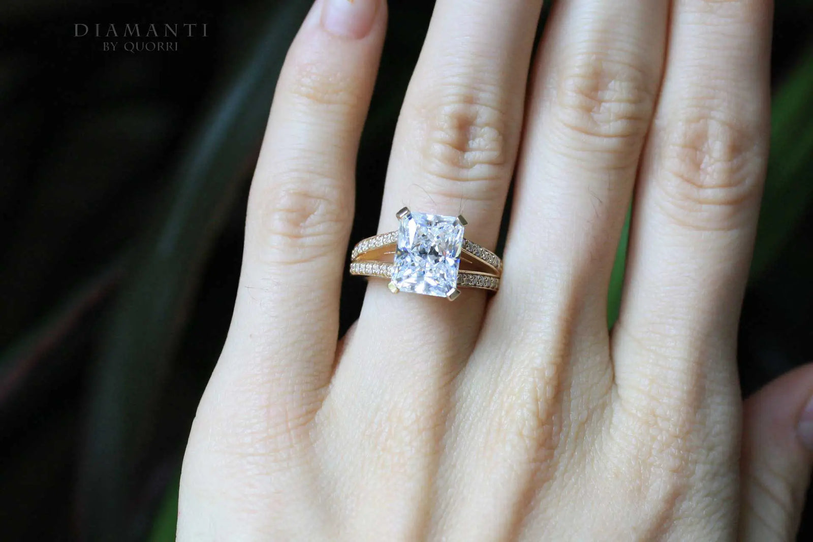 18k yellow gold split band 4.5 carat radiant lab created diamond engagement ring Quorri 