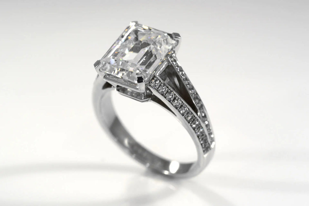 18k white gold split band 4.5 carat emerald lab diamond engagement ring Quorri 