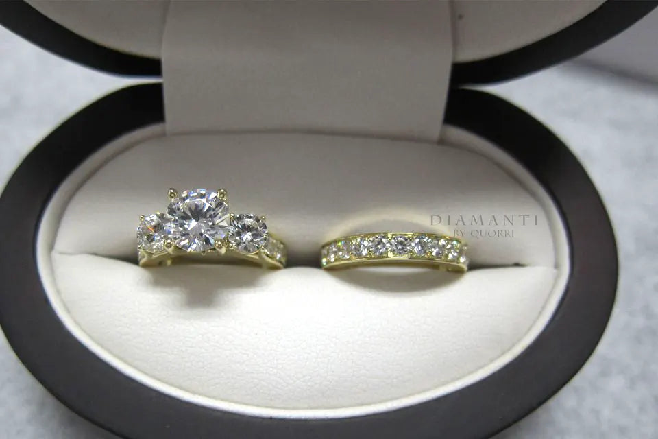 2ct 18k yellow gold designer affordable round lab diamond engagement ring and wedding band Quorri