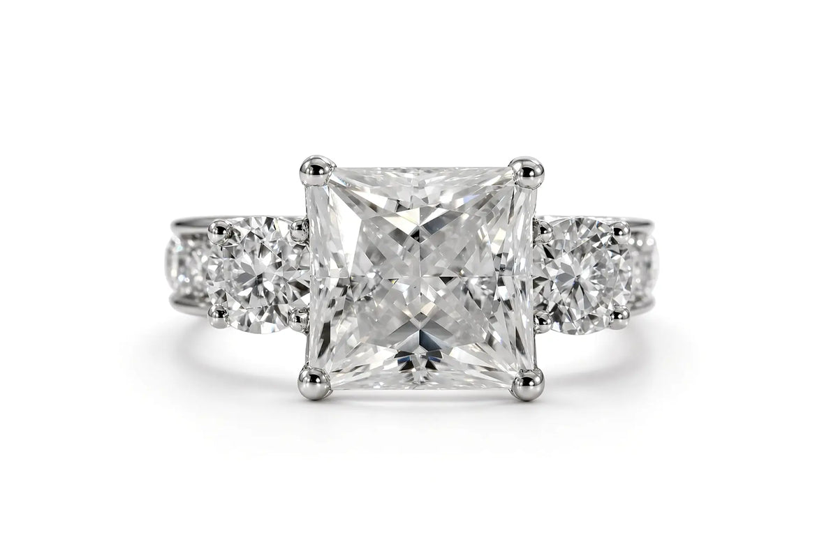 3carat princess lab diamond three stone ring in platinum by Quorri Canada 