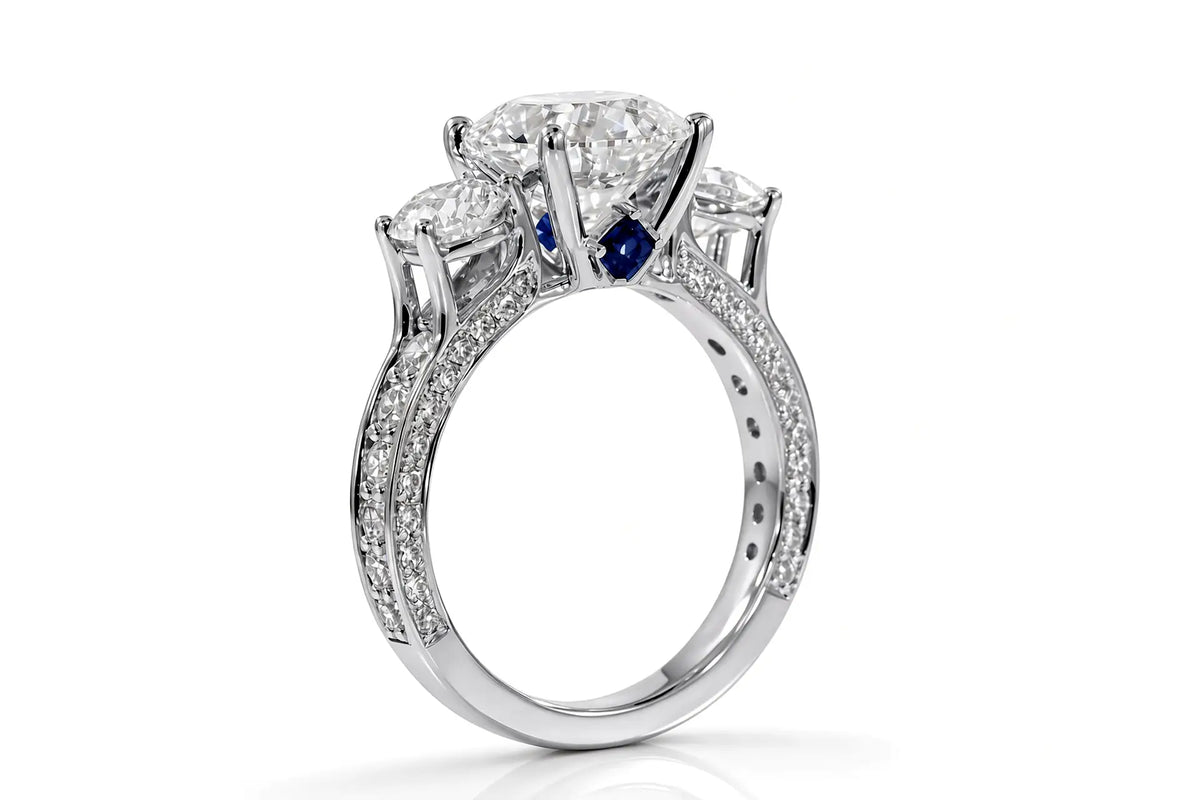 3carat princess lab diamond three stone ring in platinum with blue sapphire by Quorri Canada 