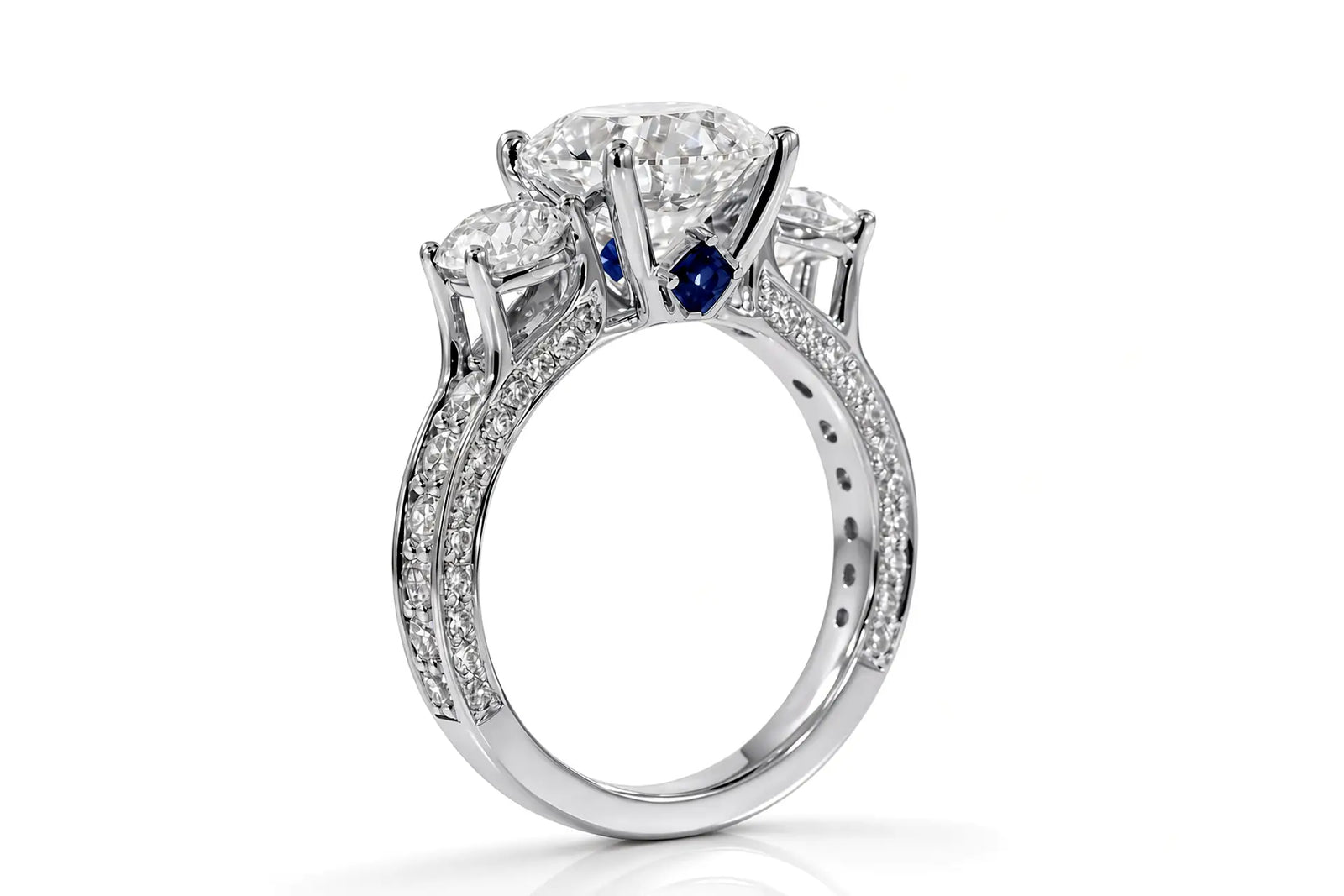 3carat princess lab diamond three stone ring in platinum by Quorri Canada 