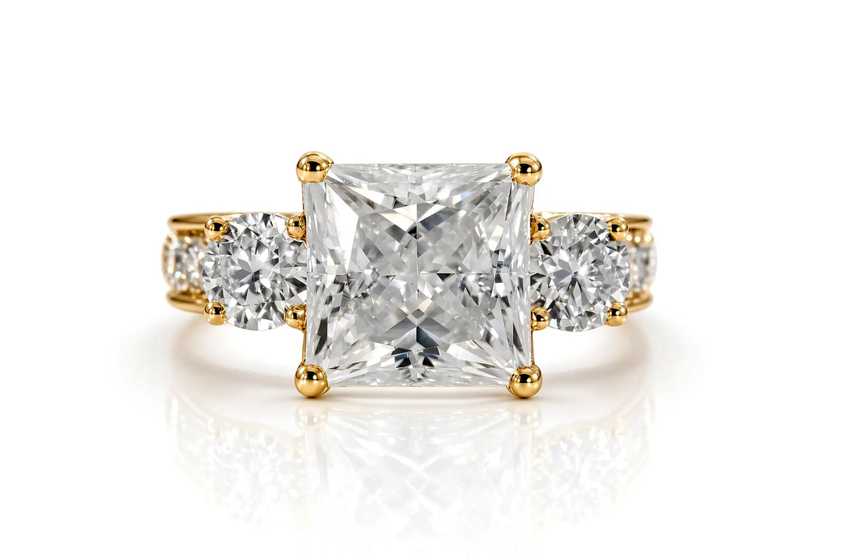 3carat princess lab diamond three stone ring in gold by Quorri Canada 