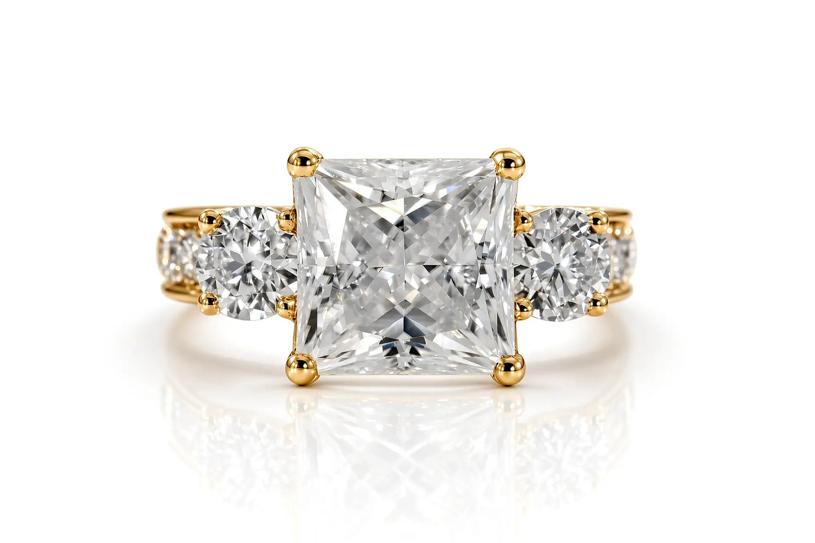 3carat princess lab diamond three stone ring in gold by Quorri Canada 