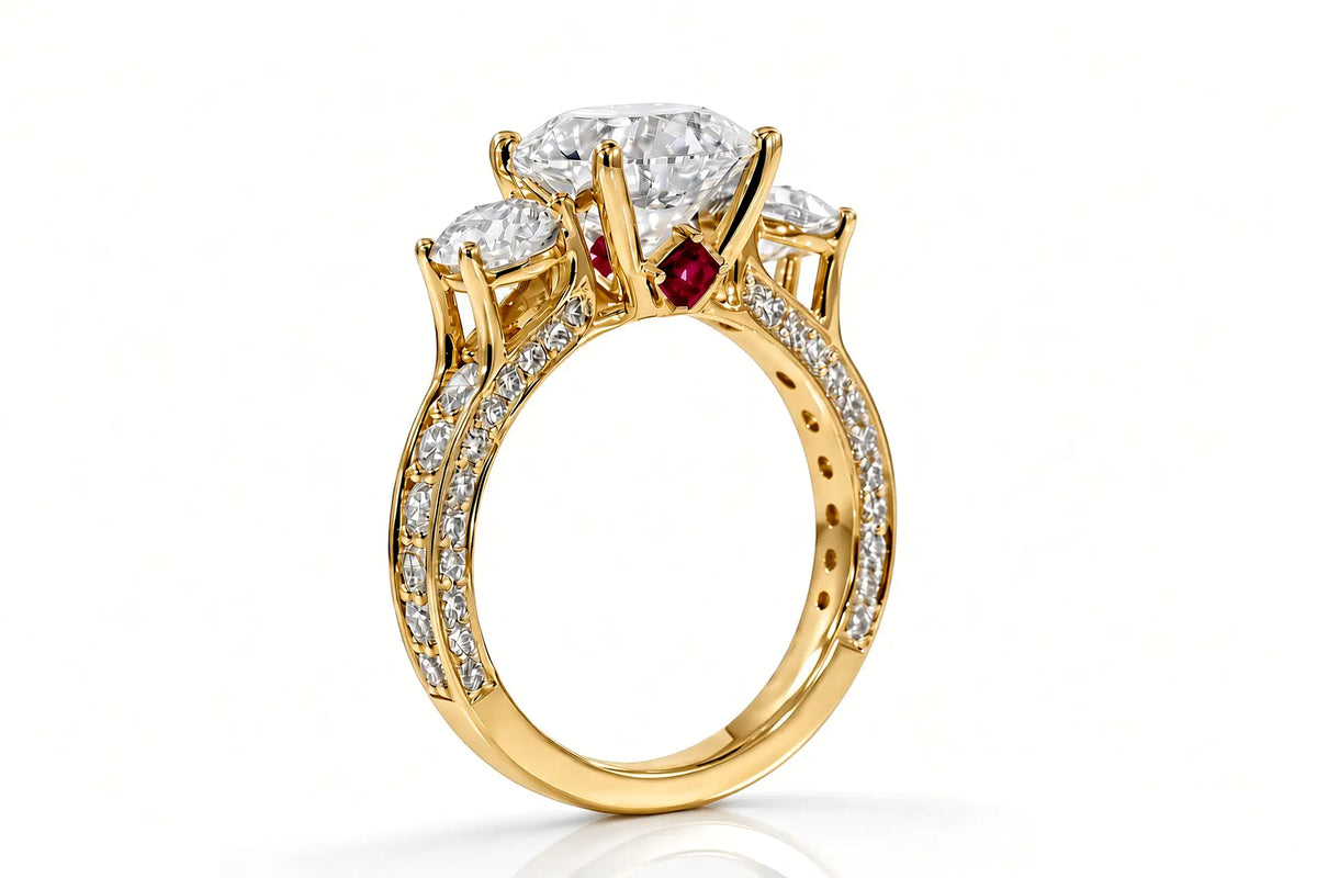 3carat princess lab diamond three stone designer engagement ring in yellow gold with ruby accent by Quorri Canada 