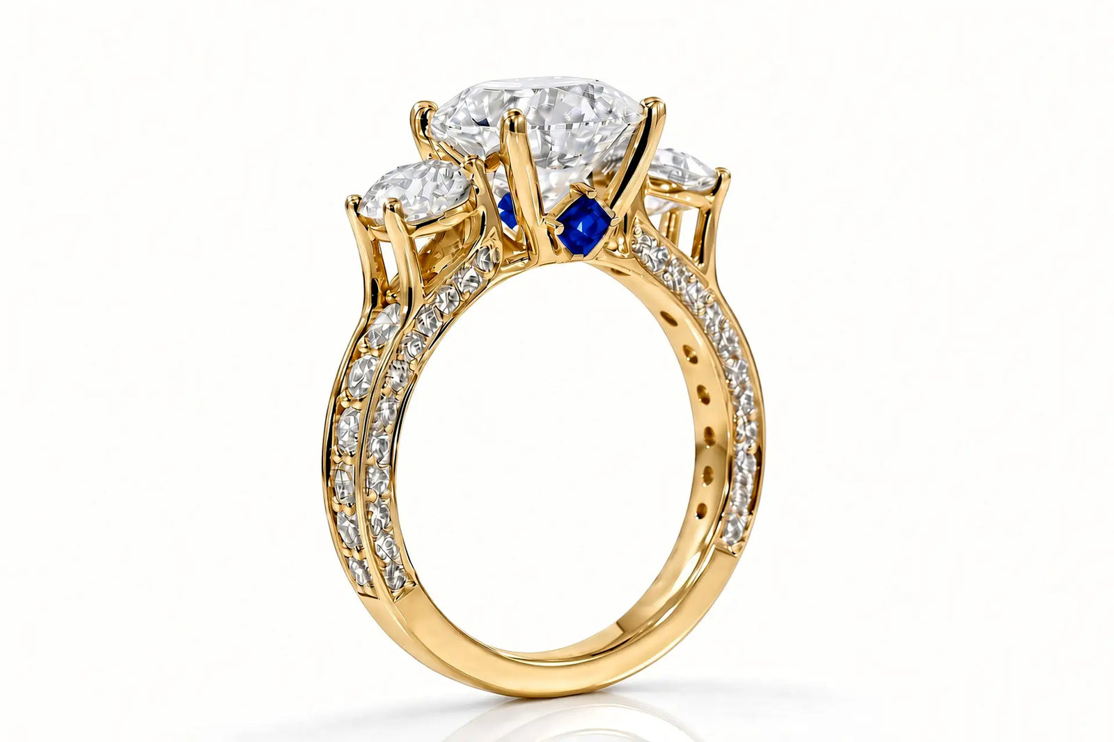 3carat princess lab diamond three stone designer engagement ring in yellow gold with sapphire blue accent by Quorri Canada 