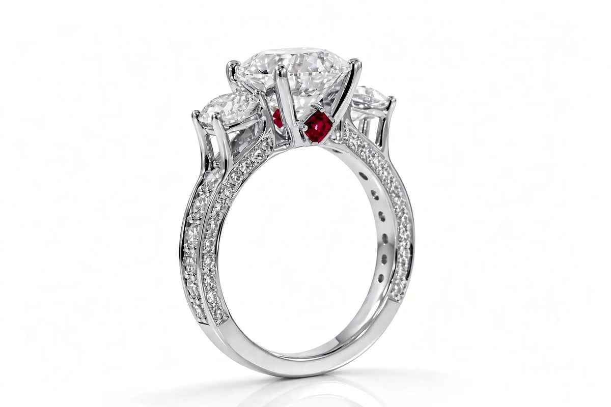 3carat princess lab diamond three stone anniversary ring in platinum with red ruby accent by Quorri Canada 