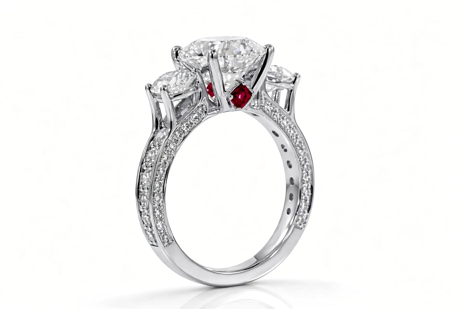 3carat princess lab diamond three stone anniversary ring in platinum with red ruby accent by Quorri Canada 