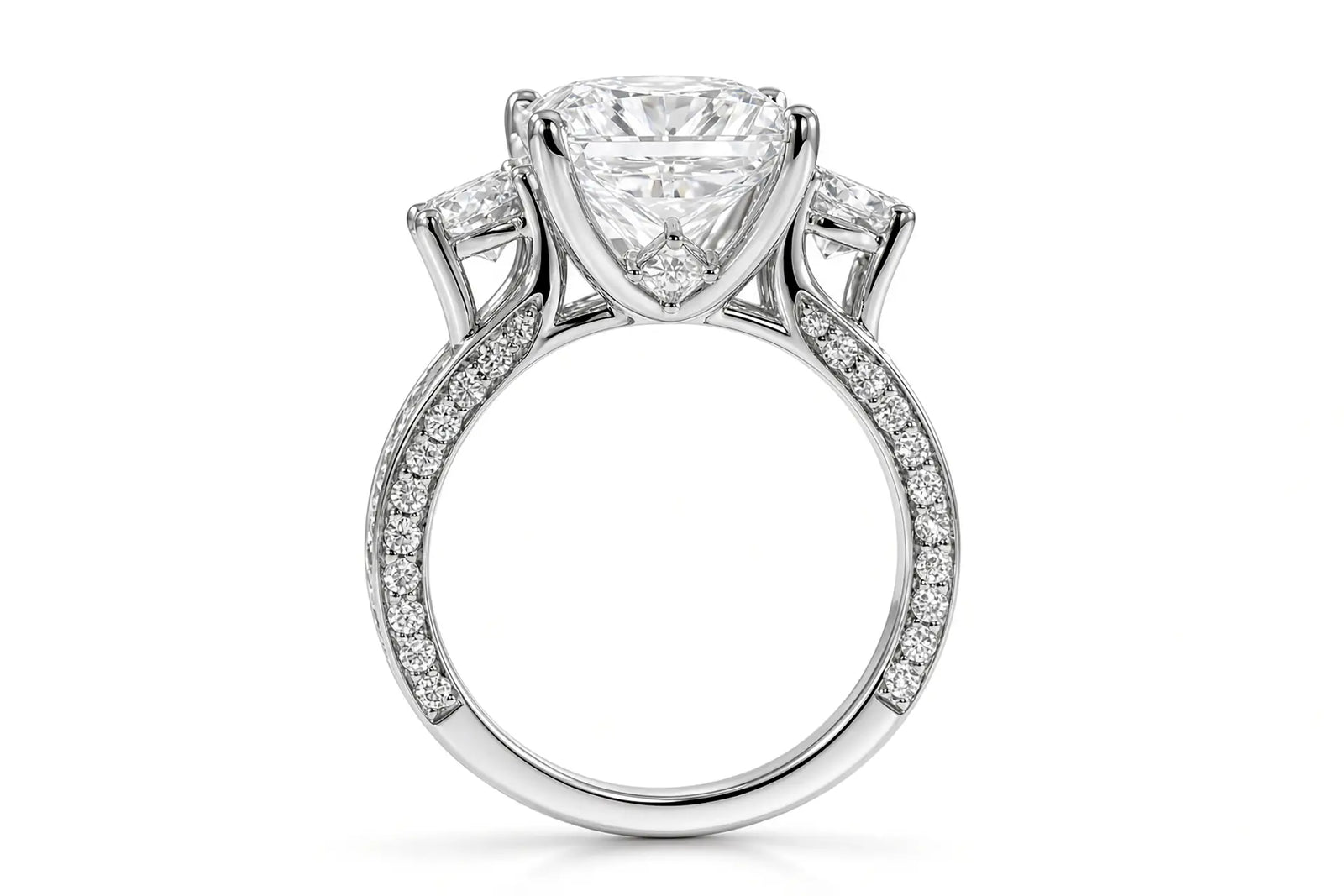 3carat princess lab diamond three stone designer engagement ring in platinum by Quorri Canada 