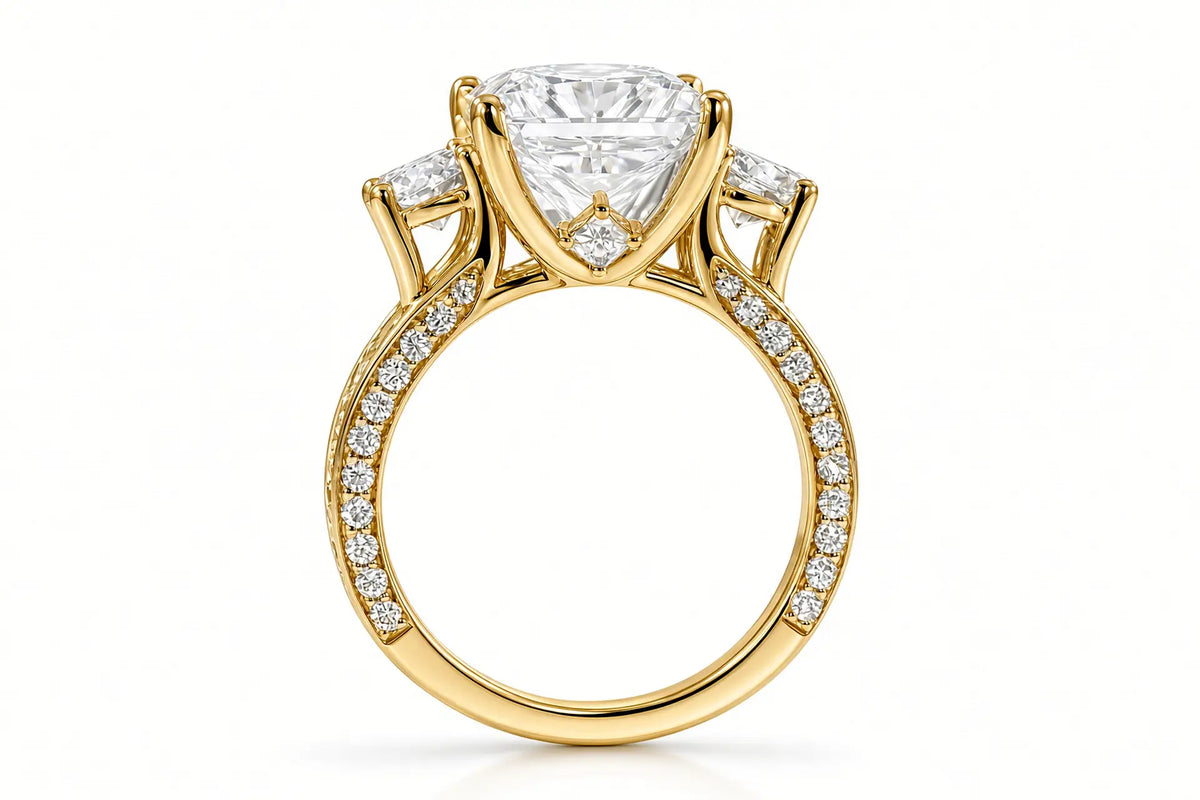 4carat princess lab diamond three stone designer anniversary ring in yellow gold by Quorri Canada 