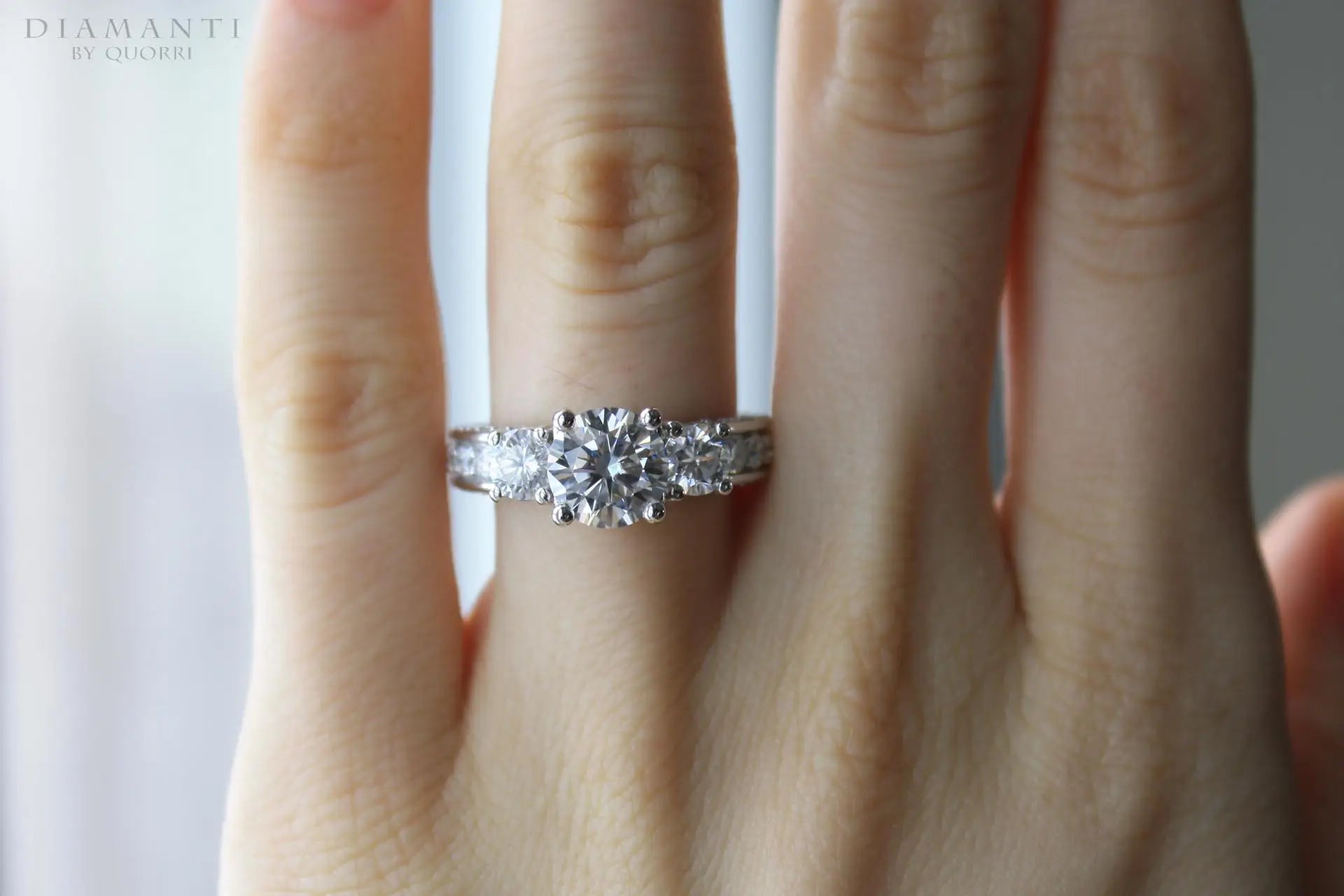 designer  inspired diamond accented 3 stone round lab diamond engagement ring