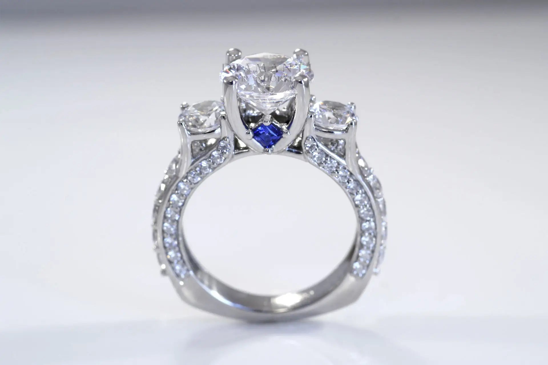 vintage inspired sapphire accented 3 stone round lab diamond engagement ring Quorri