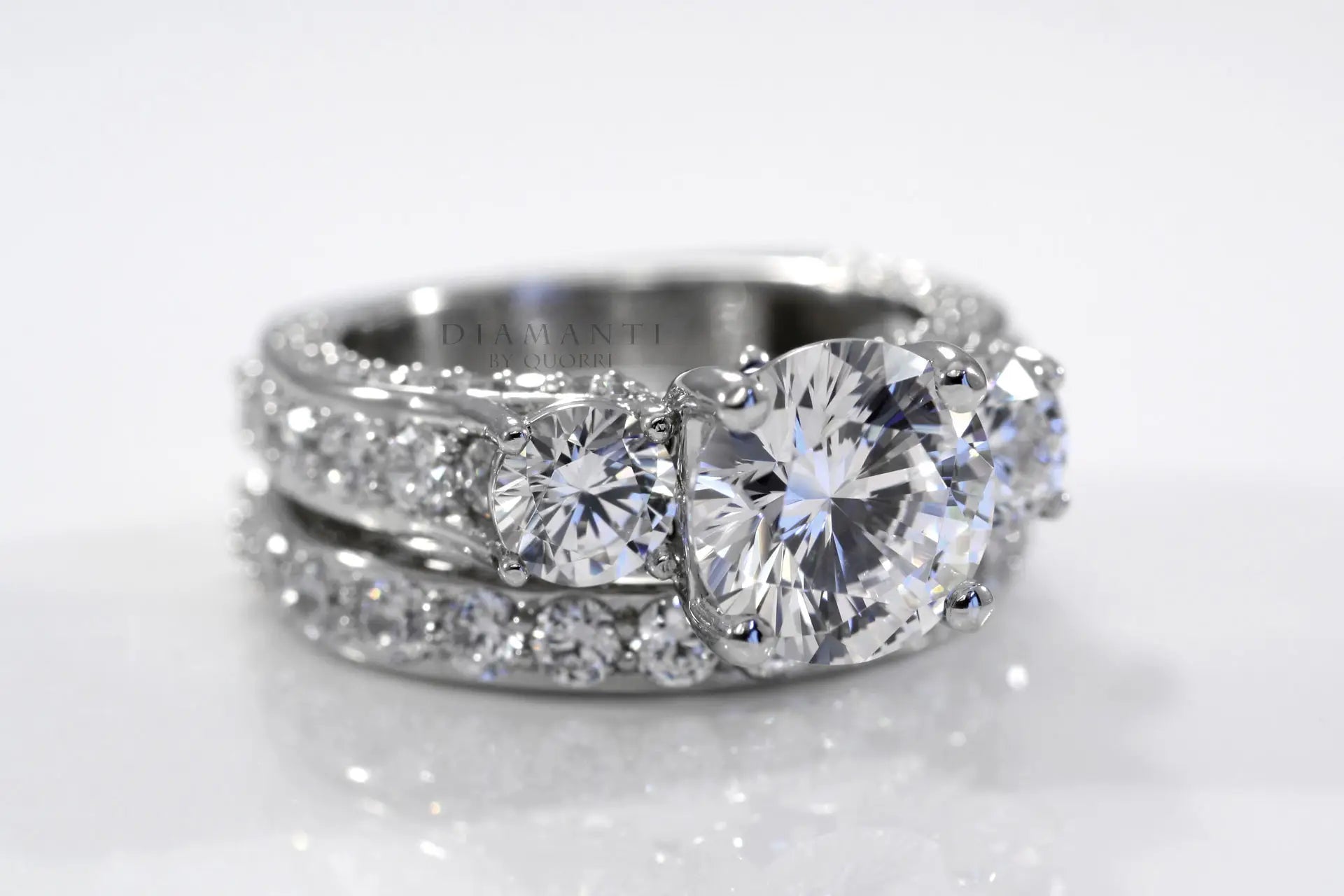 platinum vintage inspired accented 3 stone round lab diamond engagement ring set Canada