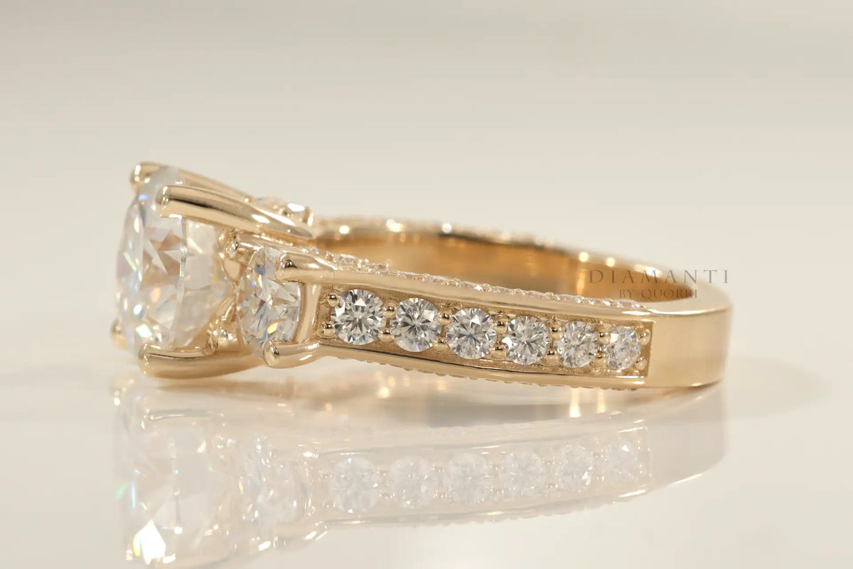 accented 18k yellow gold designer three stone 2 carat round lab diamond engagement ring Quorri