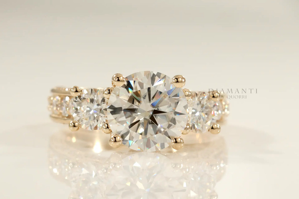 affordable 14k yellow gold designer three stone 2.5 carat round lab grown diamond engagement ring Quorri
