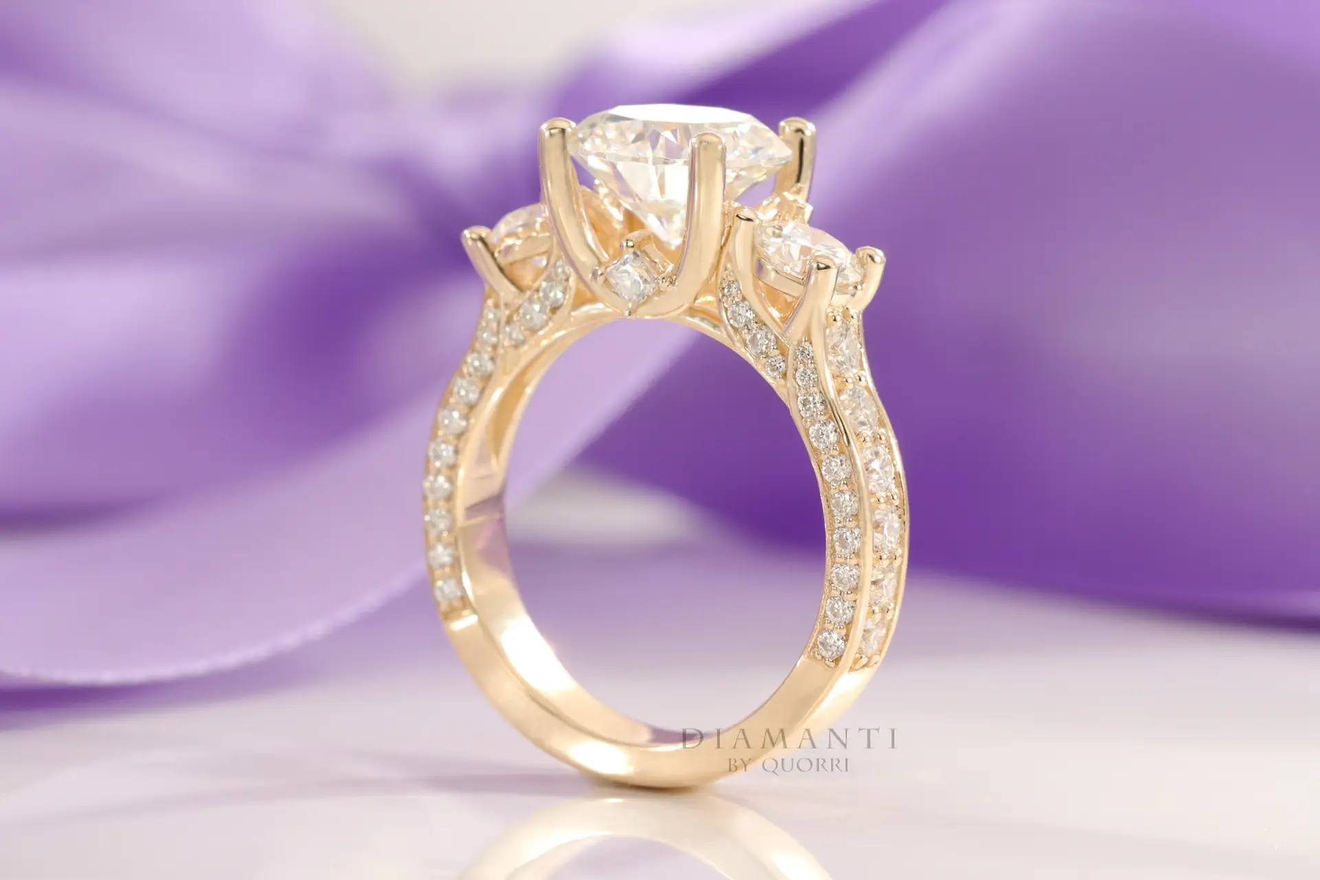 designer affordable 14k yellow gold designer three stone 3 carat round lab made diamond engagement ring Quorri