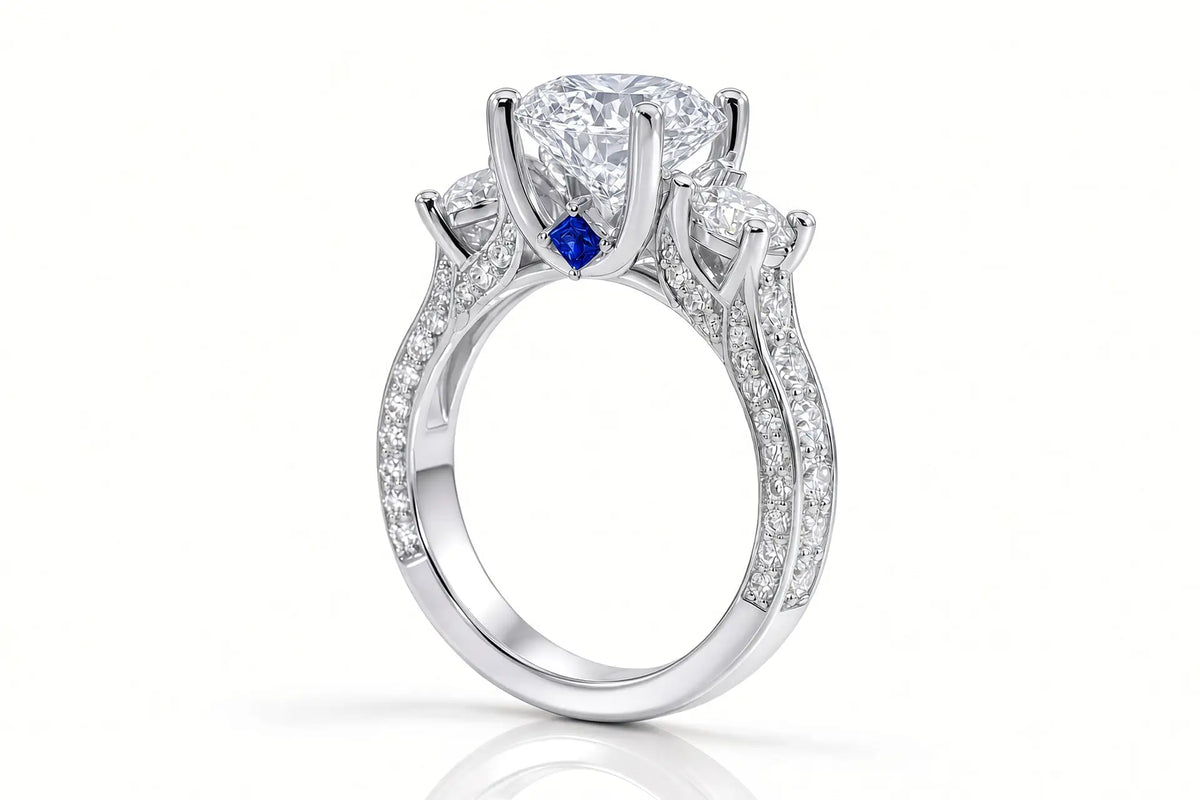 white gold designer elaborate three stone 2 carat round  lab diamond engagement ring Quorri