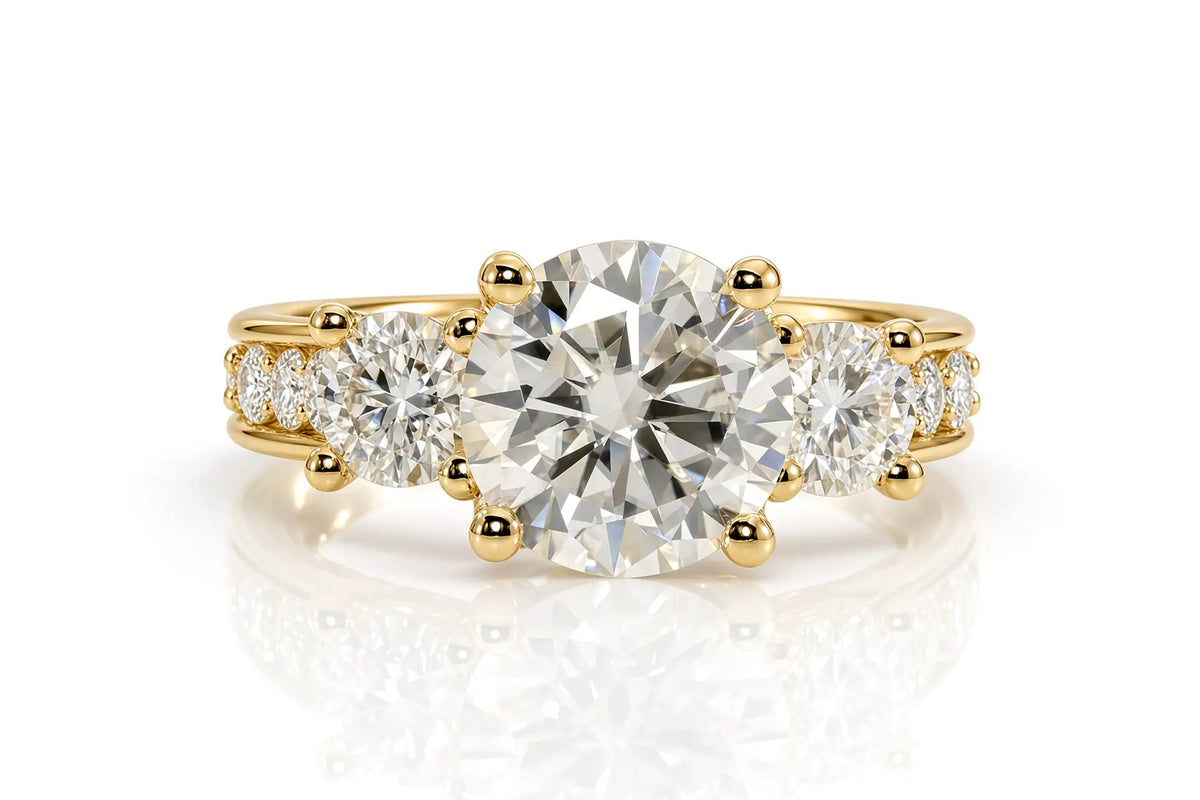 18K yellow gold designer elaborate three stone 4 carat round lab diamond engagement ring Quorri