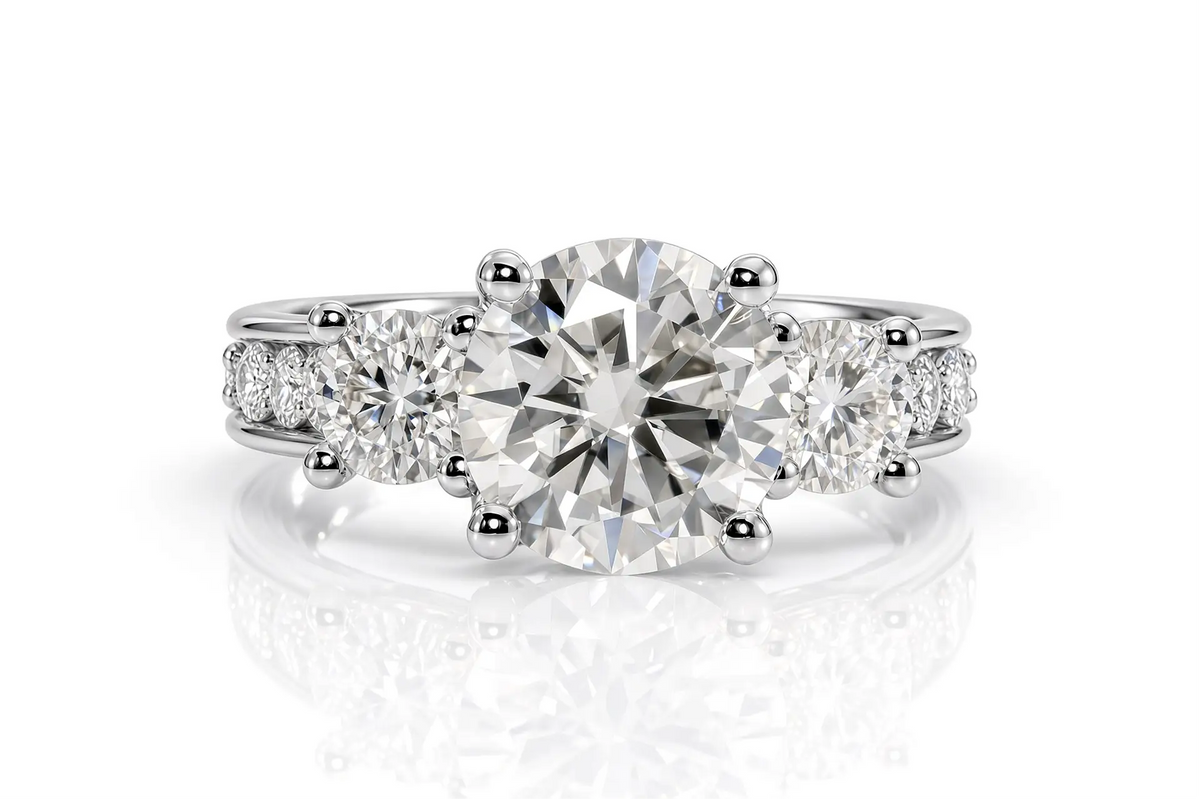 platinum designer three stone 3-carat round lab diamond engagement ring Quorri