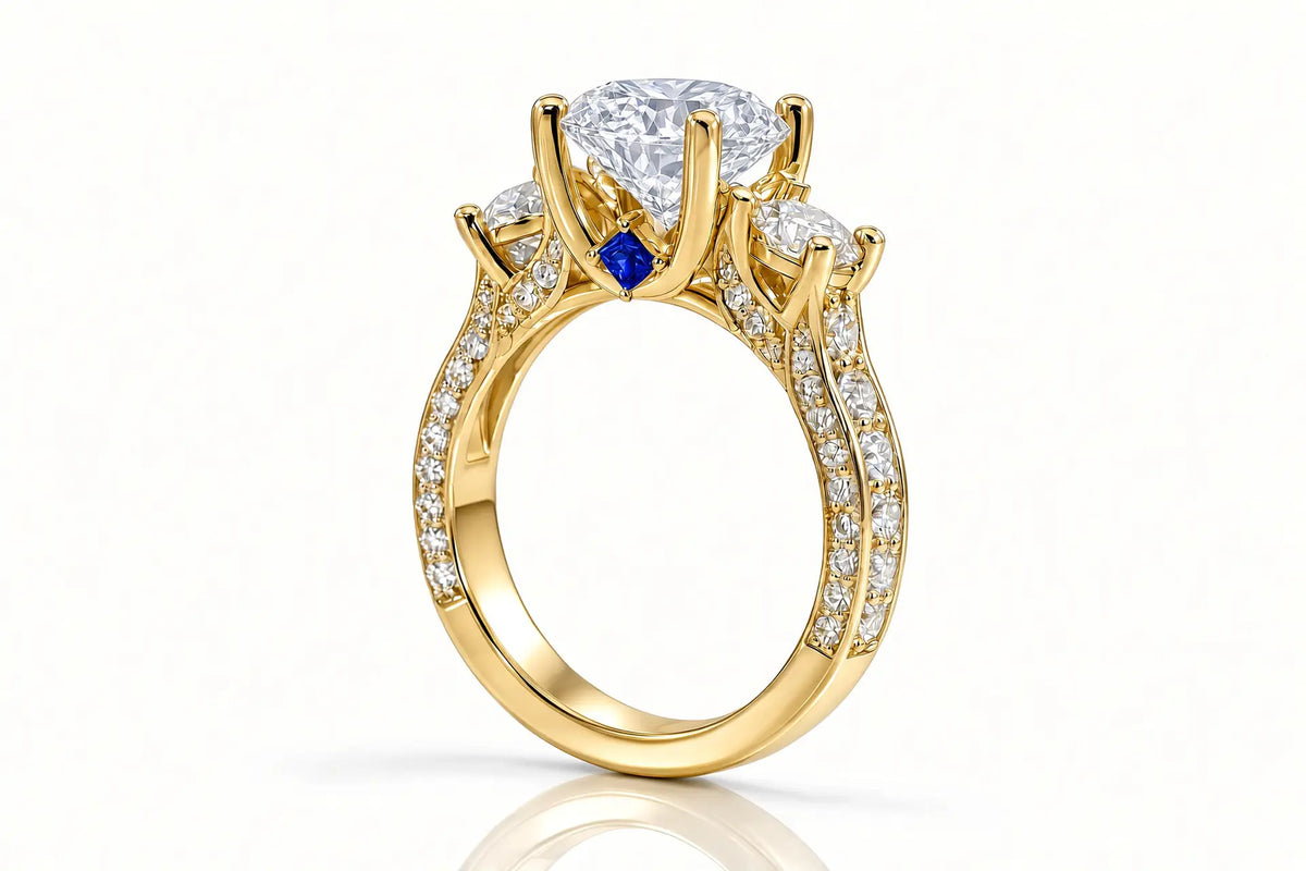 yellow gold with blue sapphire accent designer elaborate three stone round lab diamond anniversary ring Quorri