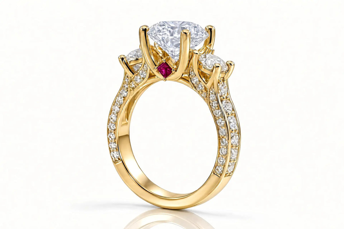 14kyellow gold designer elaborate three stone round lab diamond and ruby engagement ring Quorri