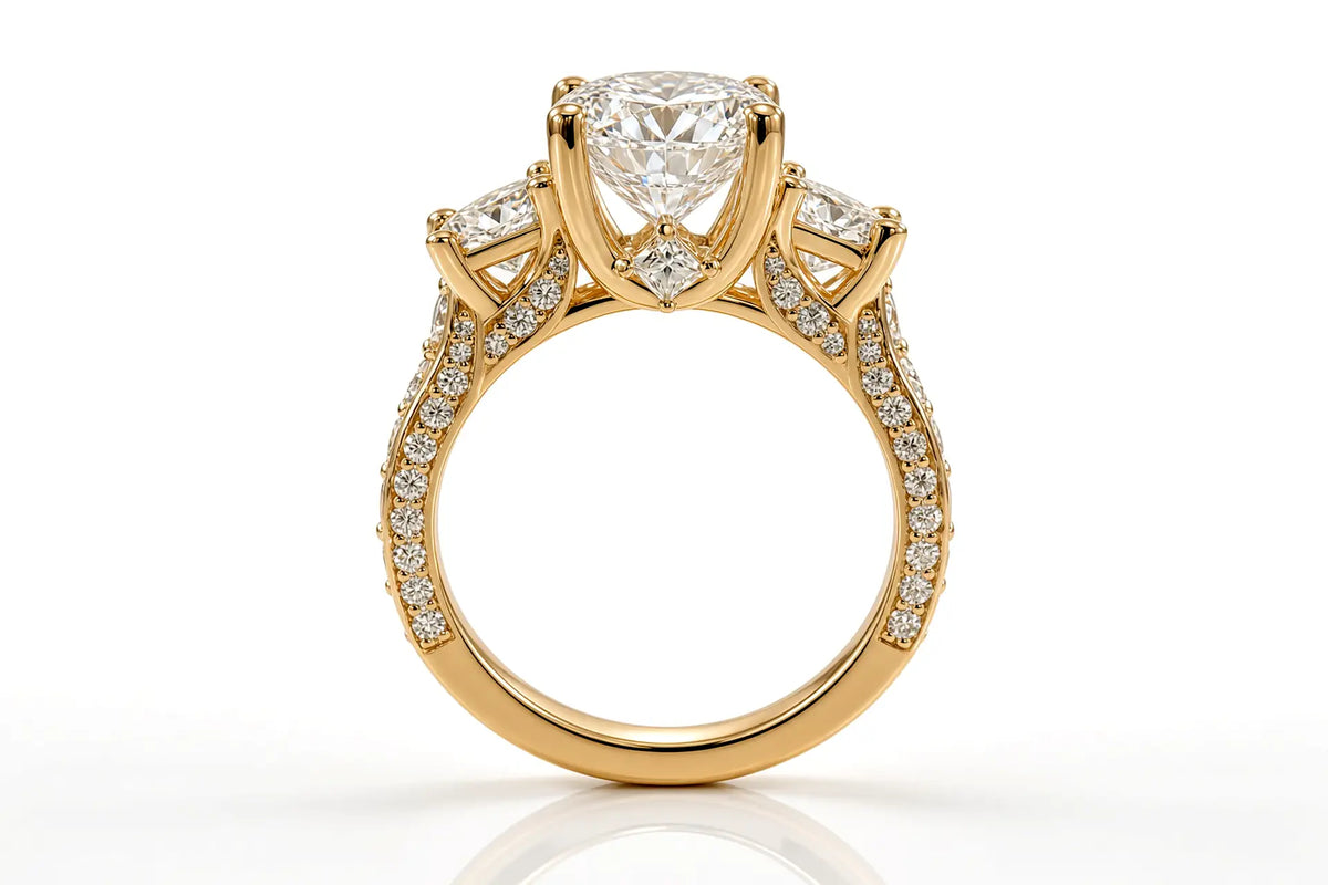 14Kyellow gold designer elaborate three stone 3-carat round lab diamond engagement ring Quorri