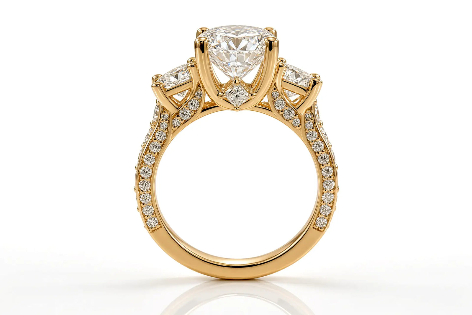 yellow gold designer elaborate three stone round lab diamond engagement ring Quorri