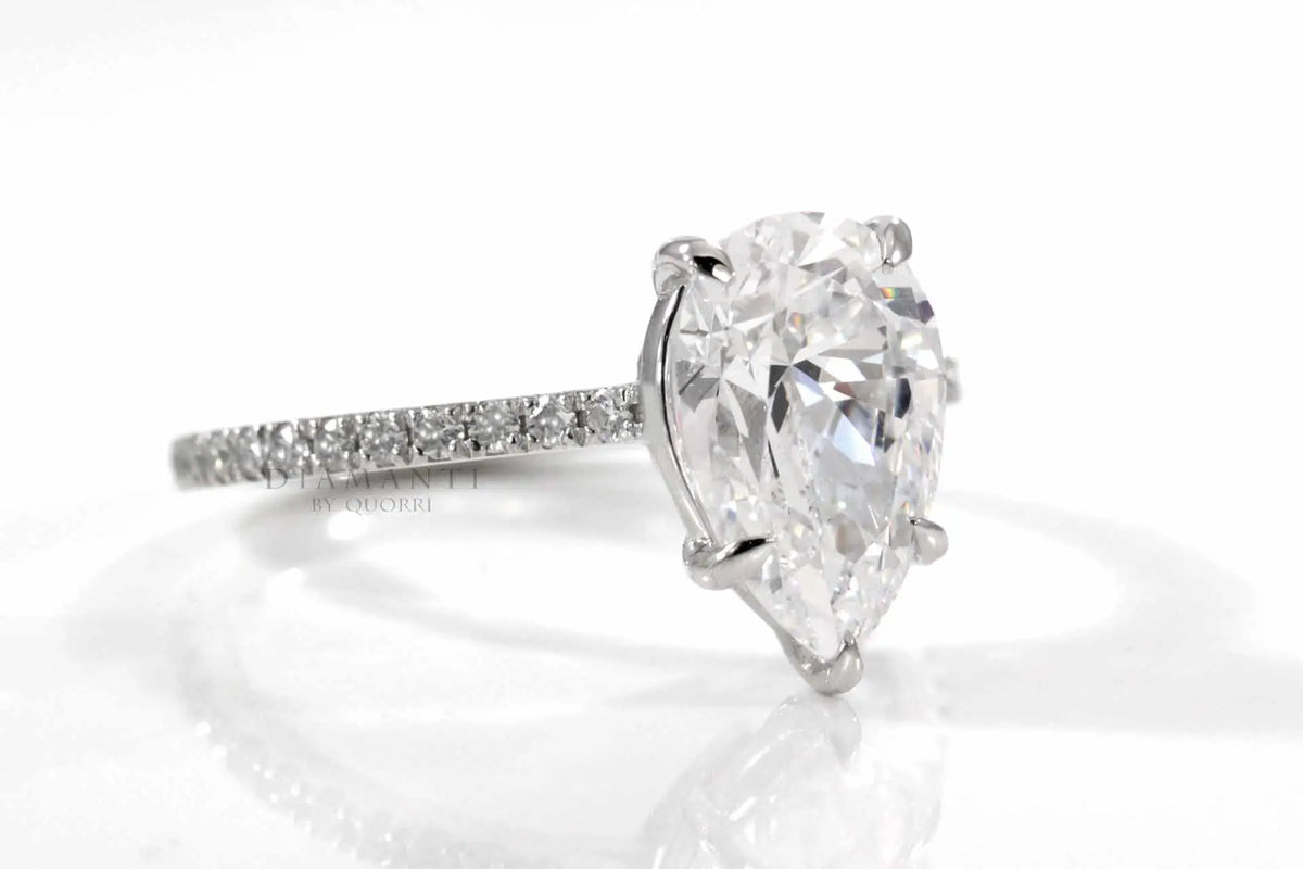 designer 5 prong 14k white gold 4 carat lab diamond pear accented engagement ring Quorri
