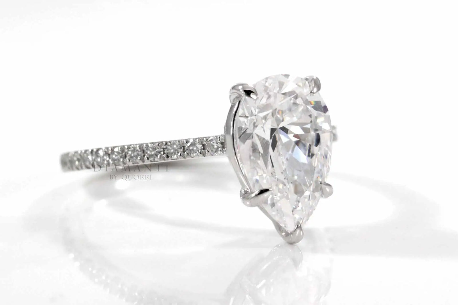 5 prong white gold 3 carat lab diamond pear accented engagement ring Quorri