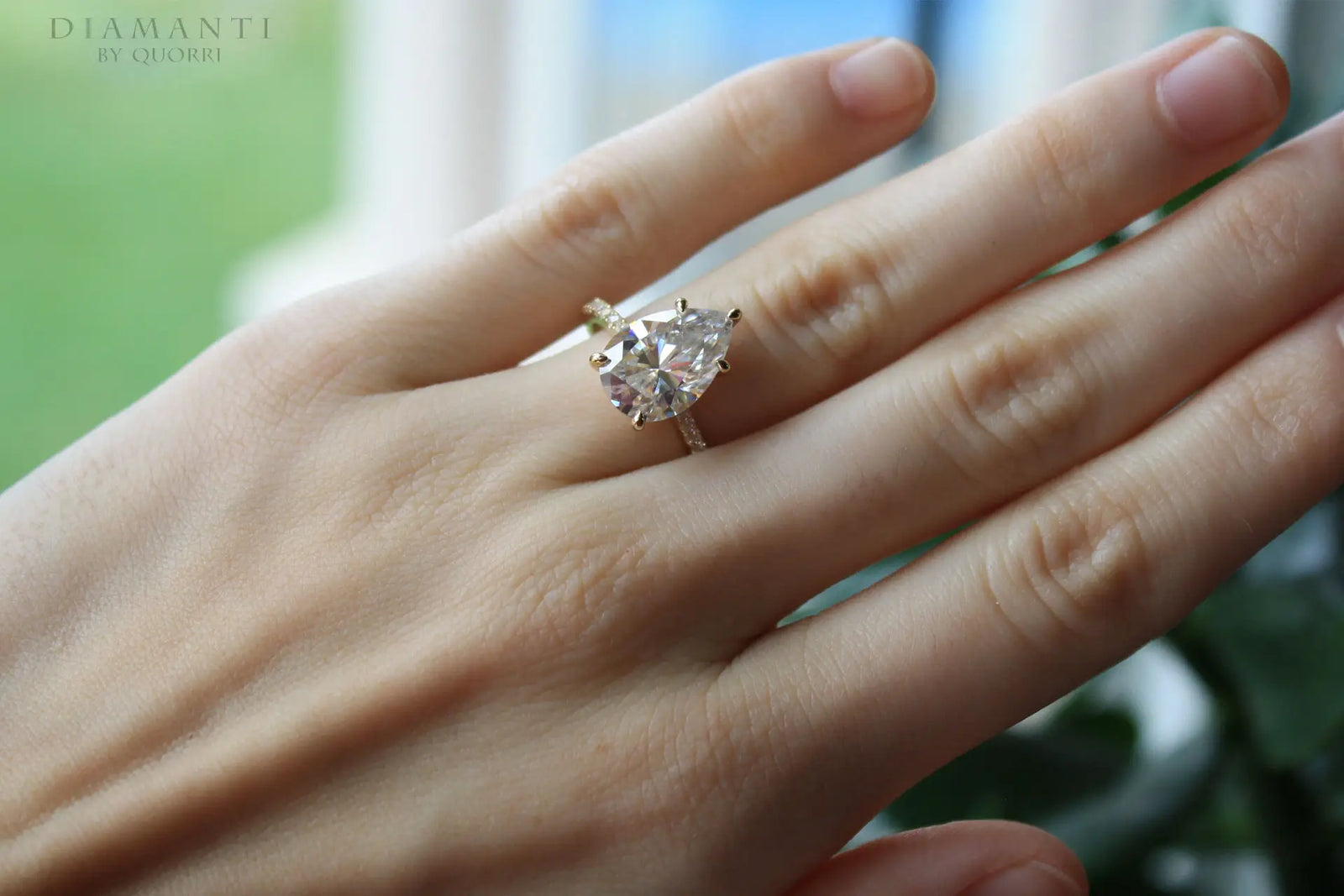 designer 5 prong 14k yellow gold 3.5 carat lab grown diamond pear accented engagement ring Quorri