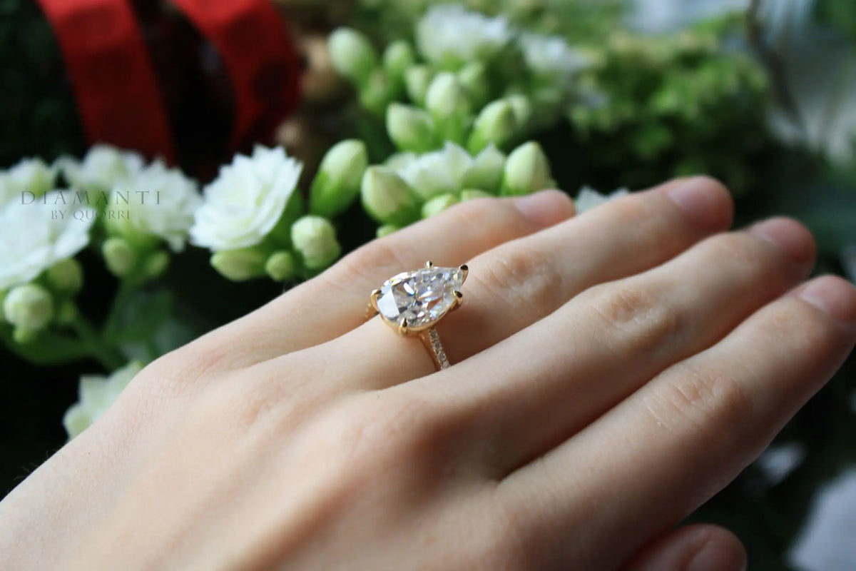 designer 5 prong yellow gold 3 carat lab created diamond pear accented engagement ring Quorri