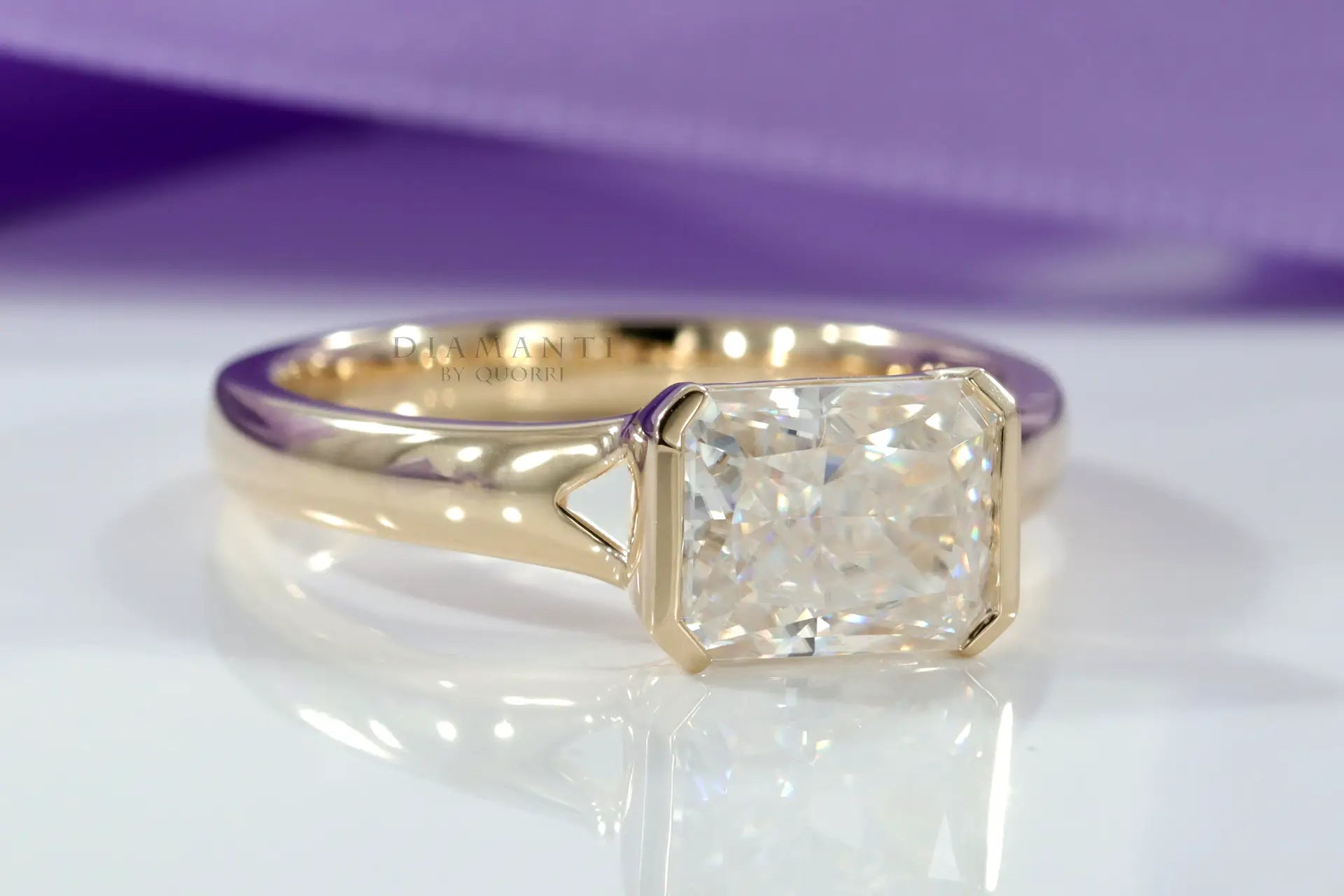 14k yellow gold designer bezel set radiant lab diamond engagement ring Quorri