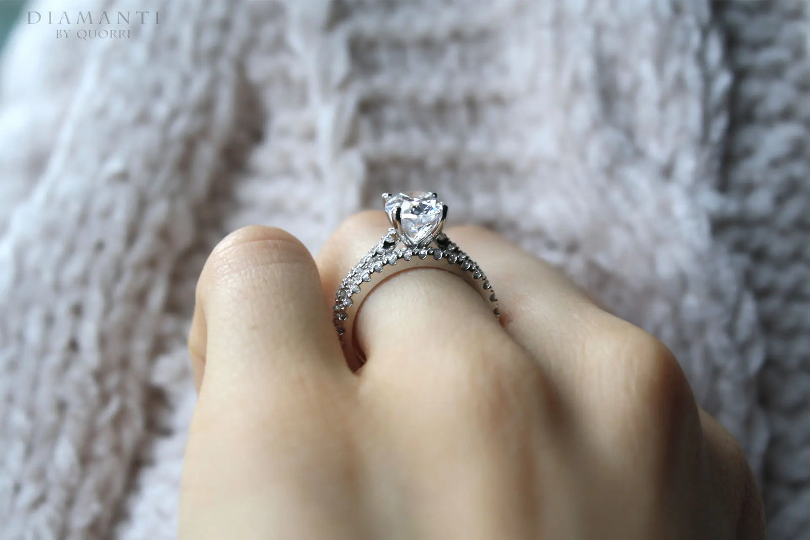 designer scalloped 14k white gold round 1.5ct brilliant lab diamond solitaire ring and wedding band at Quorri Canada