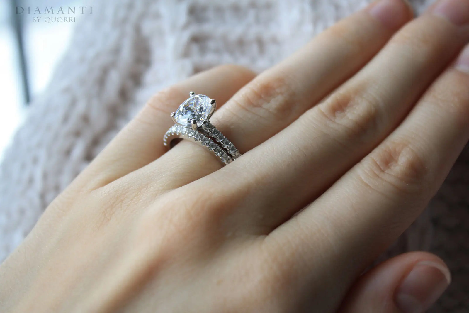 designer scalloped 14k white gold 2 carat Oval lab diamond solitaire ring and round brilliant wedding band at Quorri Canada