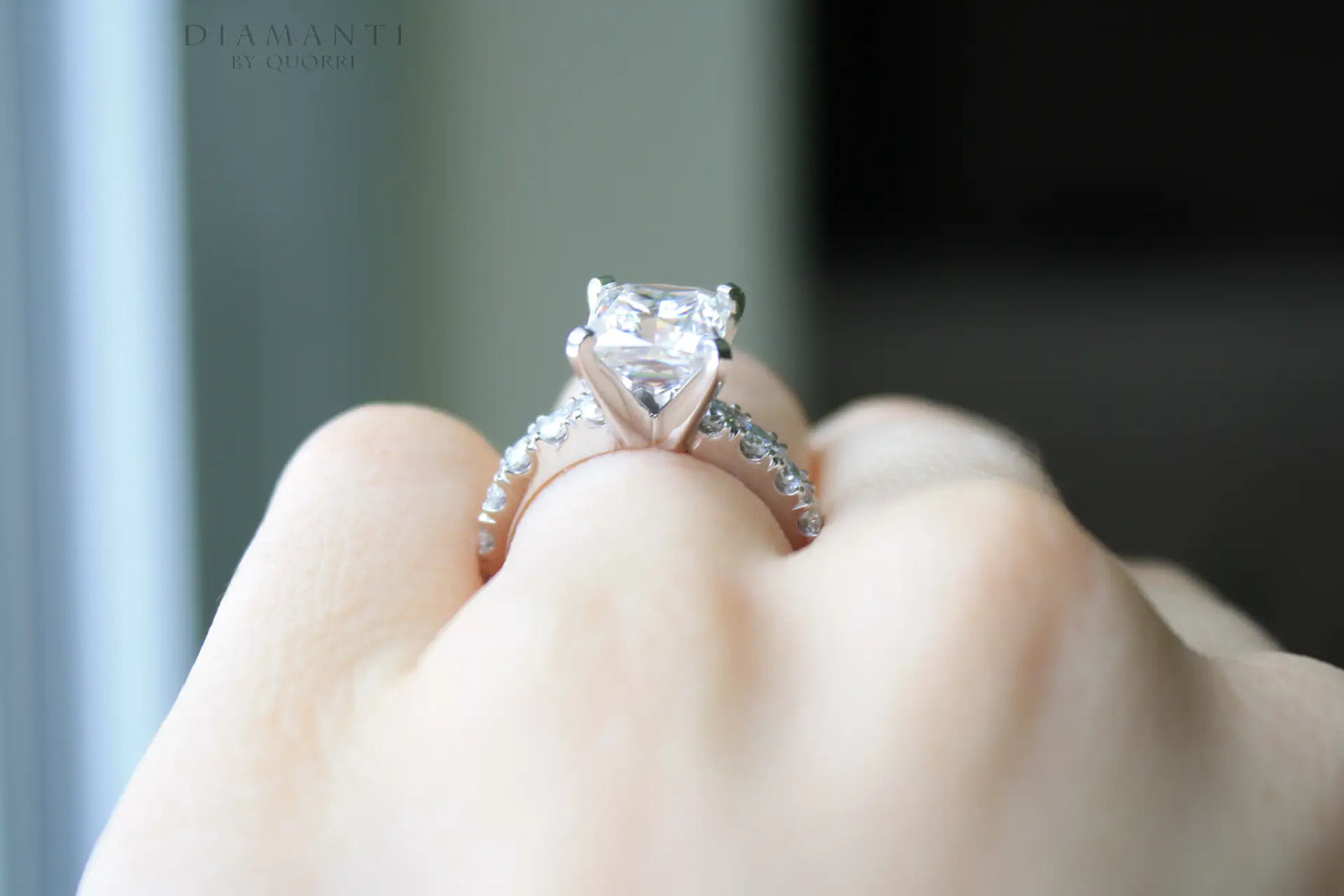 4 prong accented 2.5 carat princess lab diamond engagement ring Quorri Canada