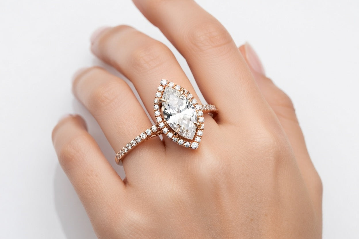 designer accented marquise lab grown diamond halo ring yellow gold - Quorri
