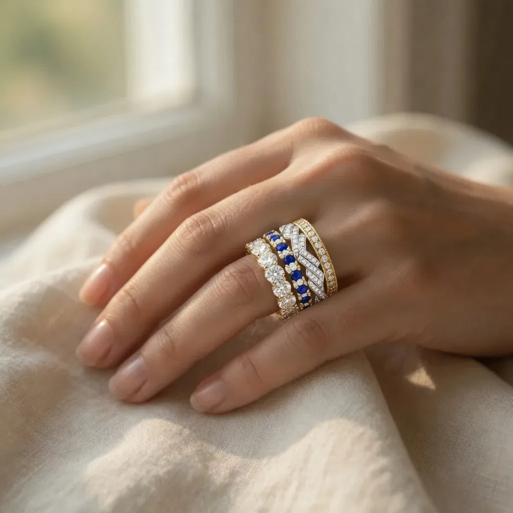 stacked lab diamond, chevron and alternating blue sapphire and diamond eternity rings on hand - Quorri