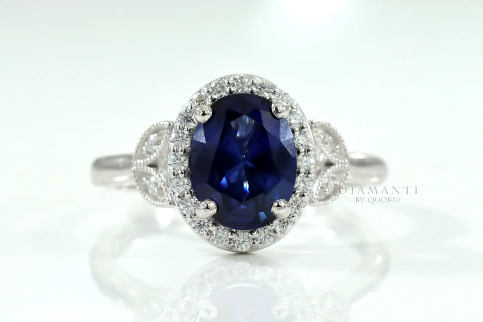 18k white gold lab grown 4 carat blue sapphire halo engagement ring Quorri Canada