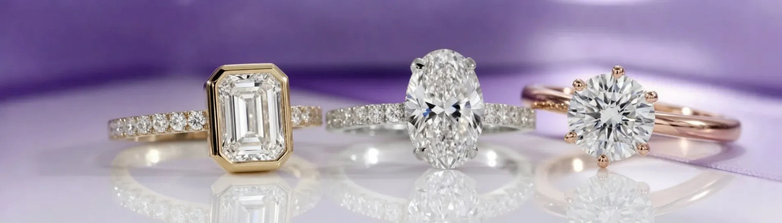 emerald cut lab diamond in yellow gold bezel, oval lab diamond with accents and round lab diamond in 6 prong rose gold setting - Quorri
