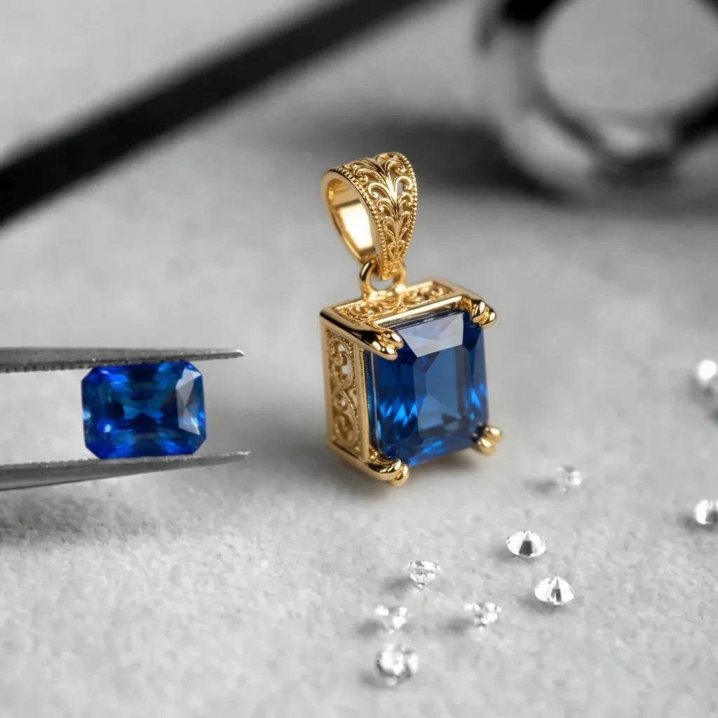 2 carat blue lab grown sapphire in yellow gold pendant with scrolling- Quorri