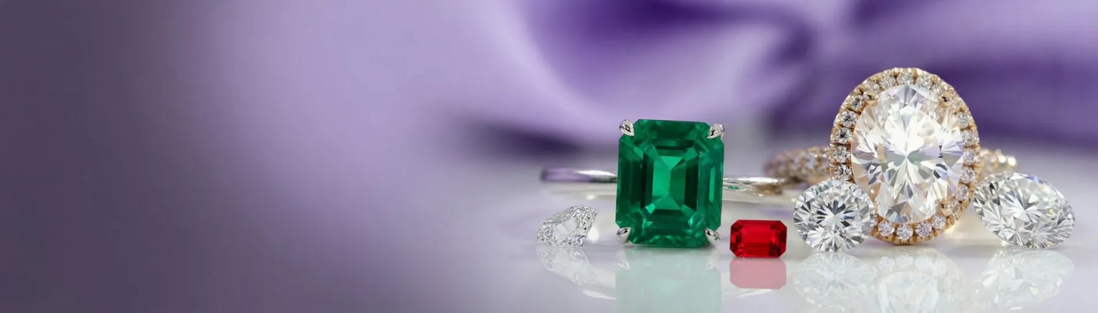emerald solitaire with oval lab diamond halo and loose ruby and white diamonds