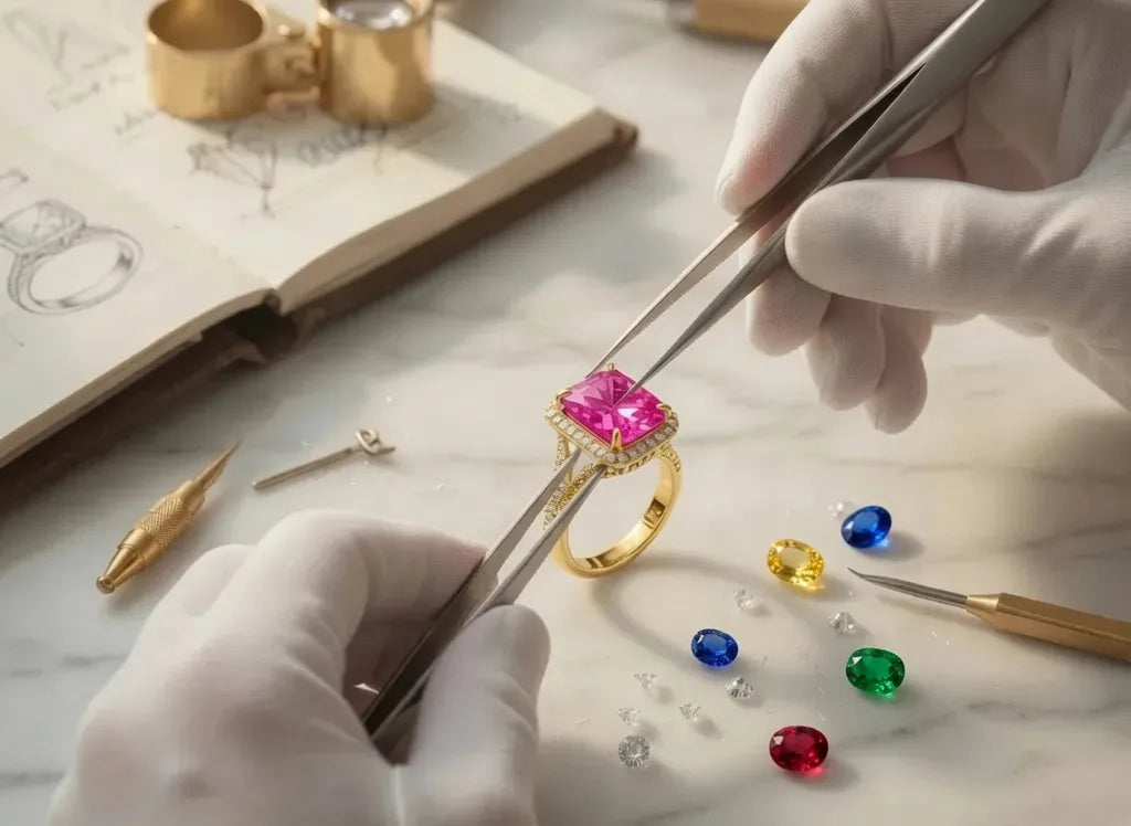 Jeweler working on a custom gold ring with a pink gemstone, surrounded by various lab gemstones at Quorri