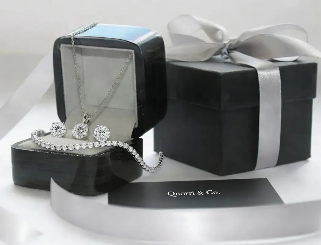 designer lab grown diamond pendant, earrings and tennis bracelet at Quorri