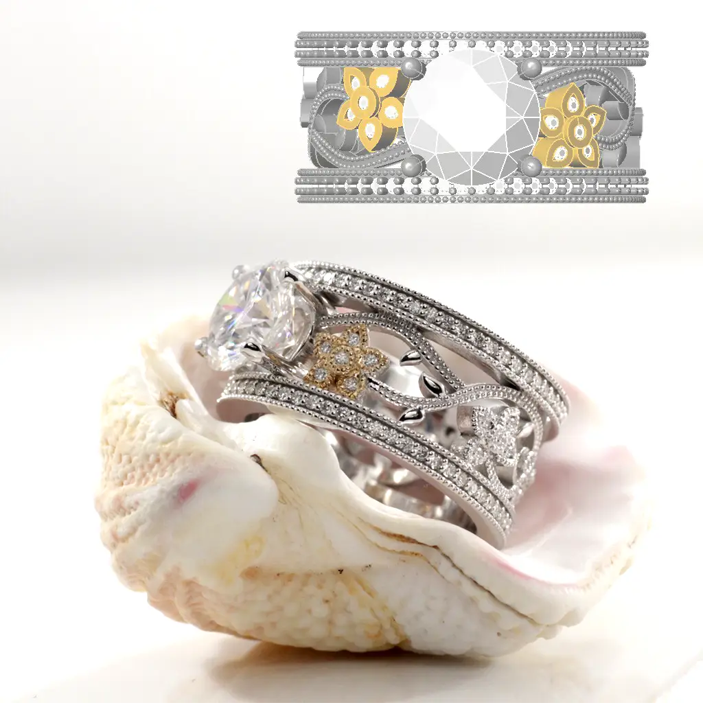 unique custom band with flower motif in white gold