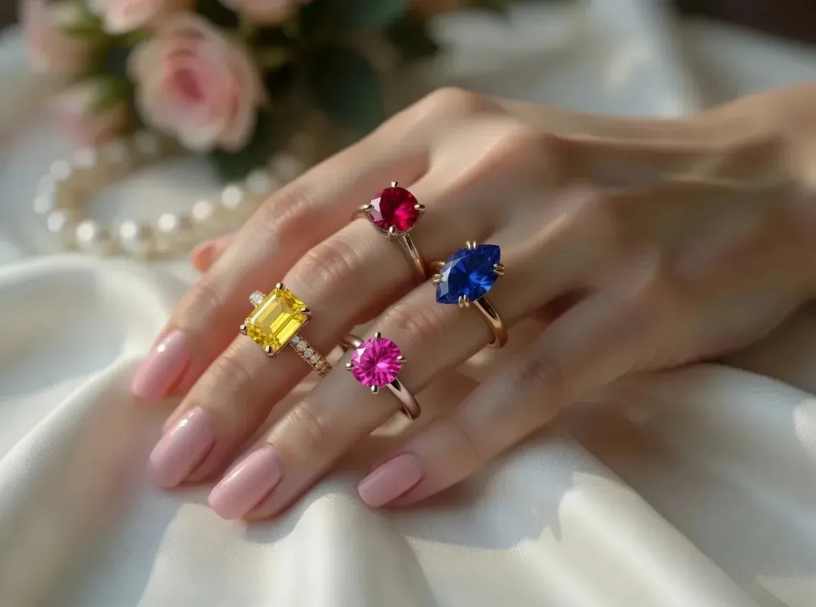 custom yellow sapphire, blue sapphire, pink sapphire and red ruby ring at Quorri