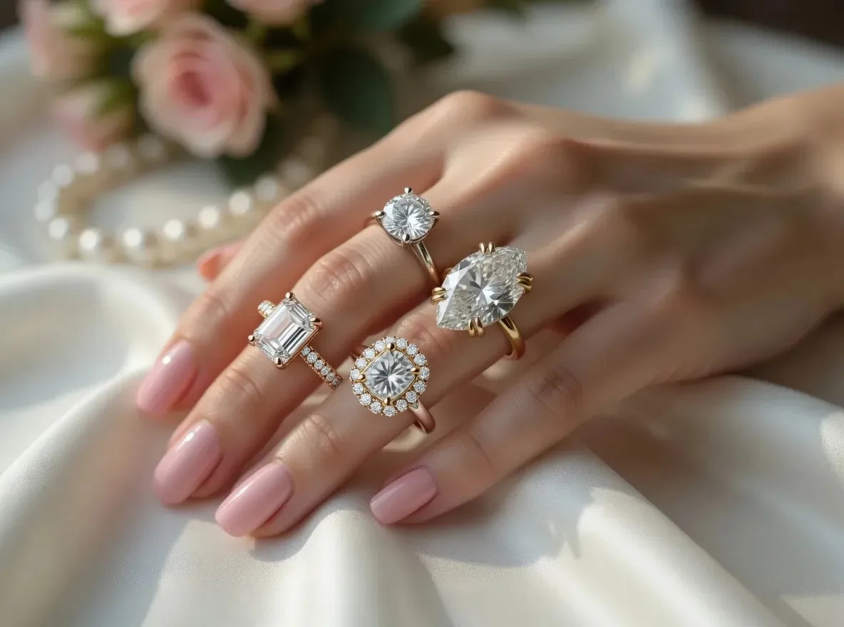 designer round solitaire, accented emerald, halo and large pear lab diamond engagement rings in yellow gold - Quorri