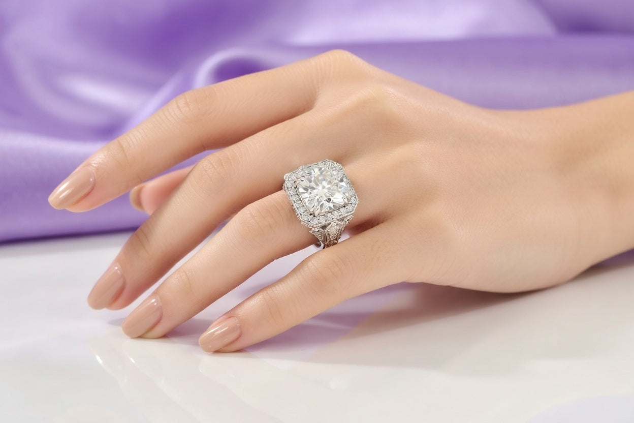 3 carat vintage antique accented halo ring with cushion lab grown diamond center in white gold - Quorri
